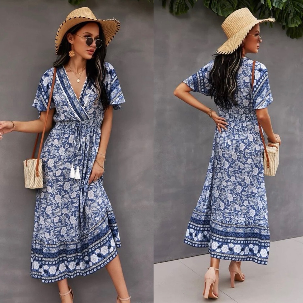Boho gypsy floral print v neck short sleeve midi dress tassel tie navy blue